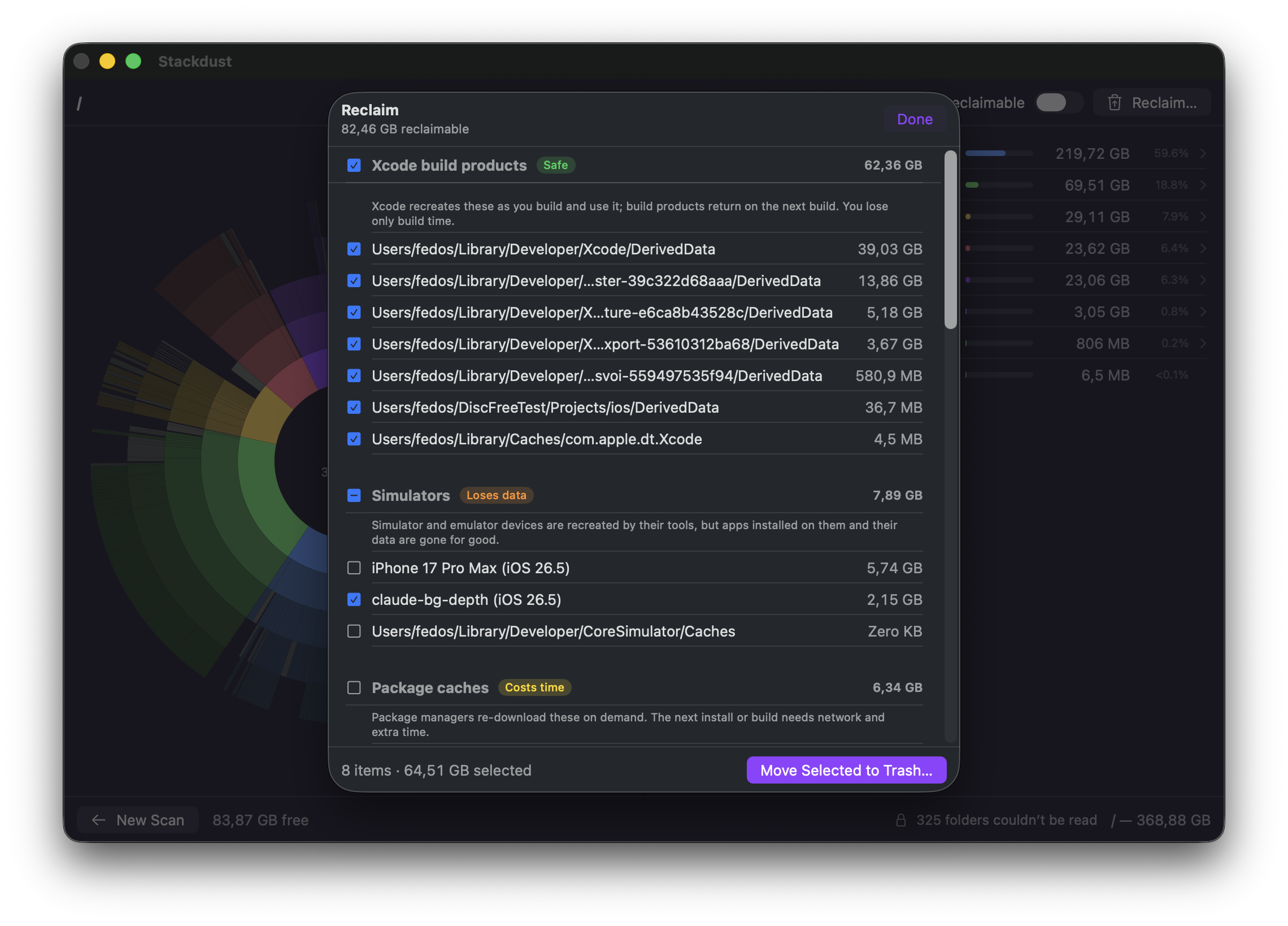 Stackdust Reclaim pane: dev junk grouped by category with risk badges